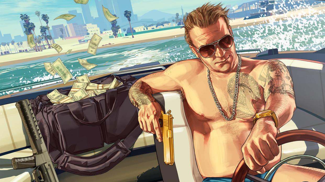  A man holding a gun drives a boat as money flies out the back in GTA Online. 