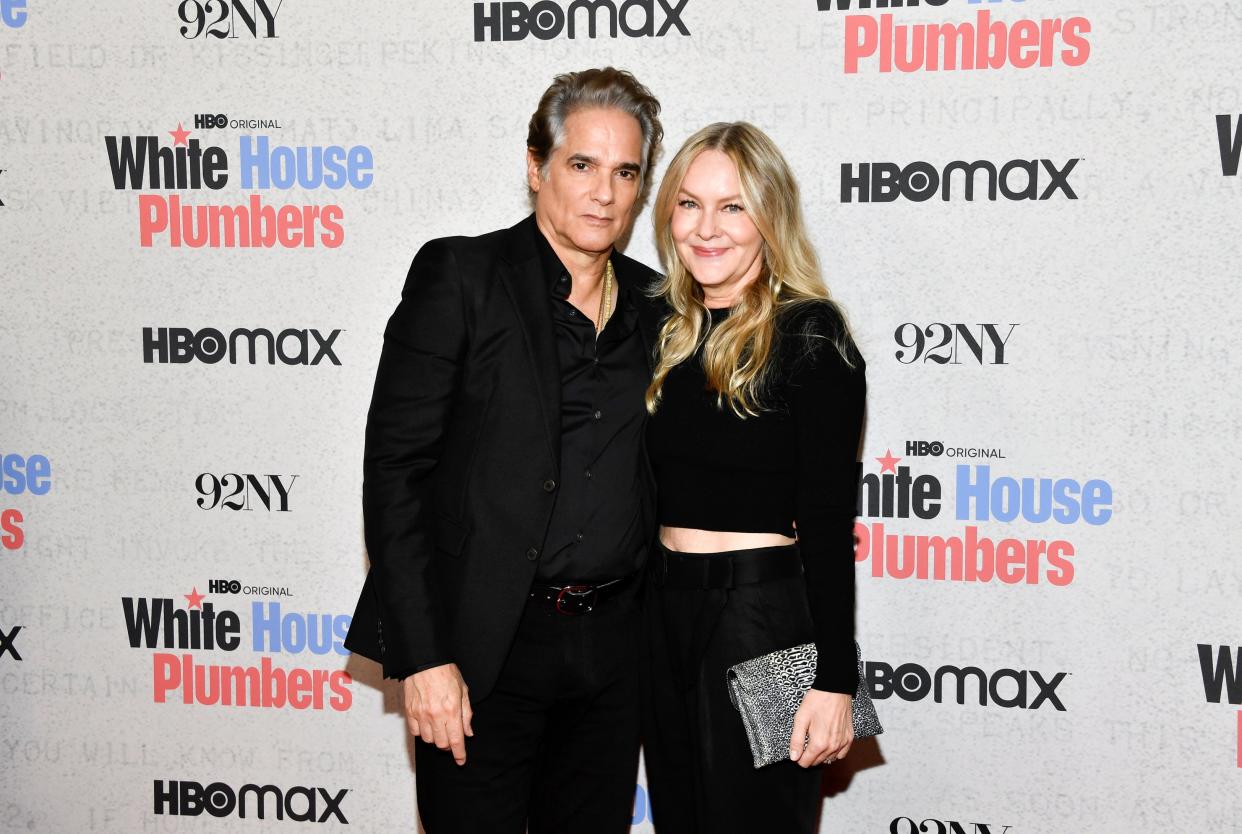 Yul Vazquez (left) and wife Linda larkin at the New York premiere of HBO's ‘White House Plumbers’ in April (2023 Invision)