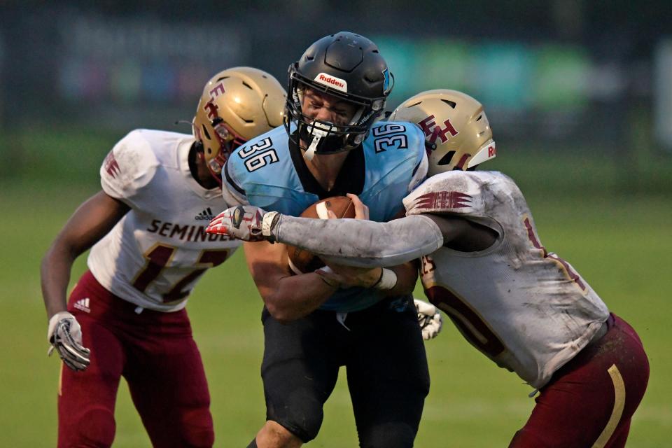Florida State's Darrick D. McGhee Jr. (10) makes the hit on Ponte Vedra's Brian Case (36) on a pass play at the end of the first quarter. The Ponte Vedra High School Sharks hosted Florida State University High School Friday, September 2, 2022.