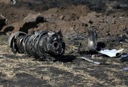 Engine parts are seen at the scene of the Ethiopian Airlines Flight ET 302 plane crash, near the town of Bishoftu, southeast of Addis Ababa, Ethiopia March 11, 2019. REUTERS/Tiksa Negeri/Files