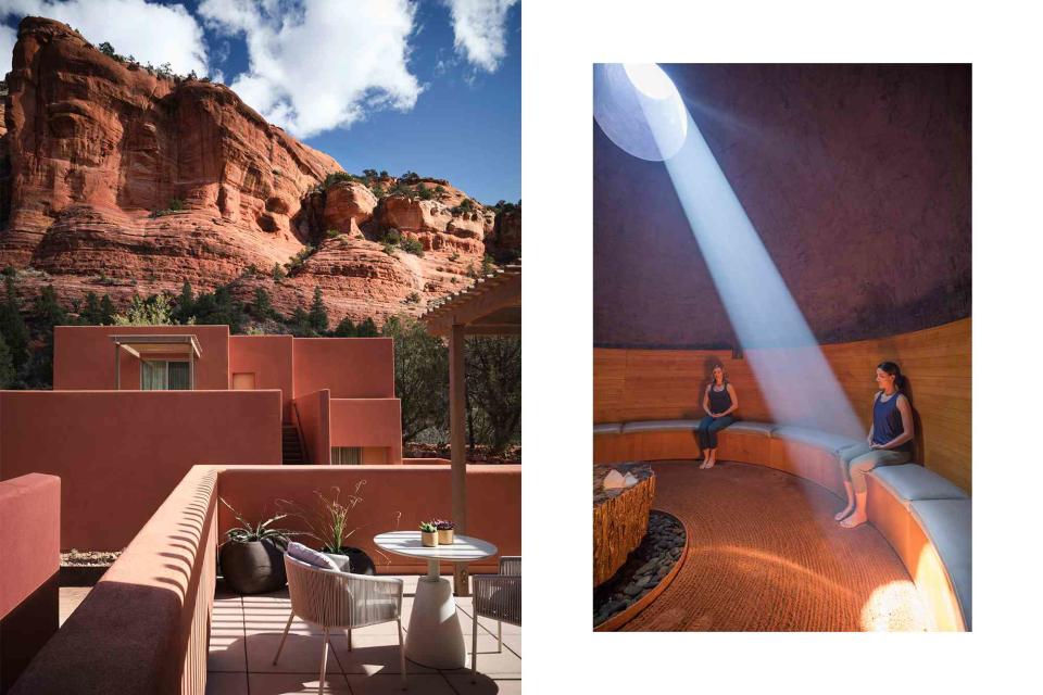 <p>DOUGLAS FRIEDMAN/COURTESY OF MII AMO</p> From left: A outdoor dining area at Mii Amo; Morning meditation inside the Crystal Grotto at Mii Amo, a Sedona,  Arizona, retreat.