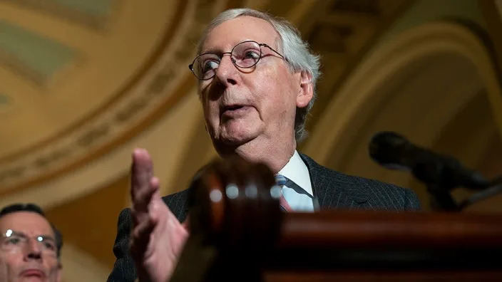 Minority Leader Mitch McConnell (R-Ky.) addresses reporters after the weekly policy luncheon on Tuesday, March 22, 2022.
