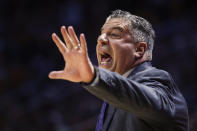 Auburn head coach Bruce Pearl yells to his players during an NCAA college basketball game against Tennessee, Saturday, March 7, 2020, in Knoxville, Tenn. (AP Photo/Wade Payne)