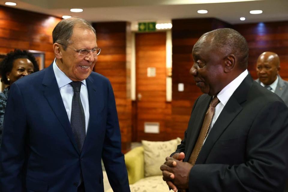 Russian Foreign Minister Sergei Lavrov (L) meets South African President Cyril Ramaphosa in Pretoria, South Africa, January 23, 2023. / Credit: Russian Foreign Ministry/Handout/Anadolu Agency/Getty