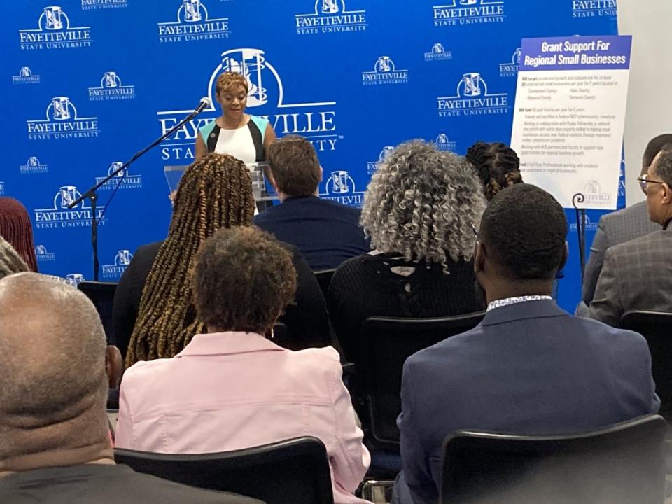 Tamara Bryant, director of the Fayetteville-Cumberland Regional Entrepreneurial and Business Hub, details how a $4.9 million grant will help Fayettville State University students and local businsses during an announcement Friday, March 3, 2023.