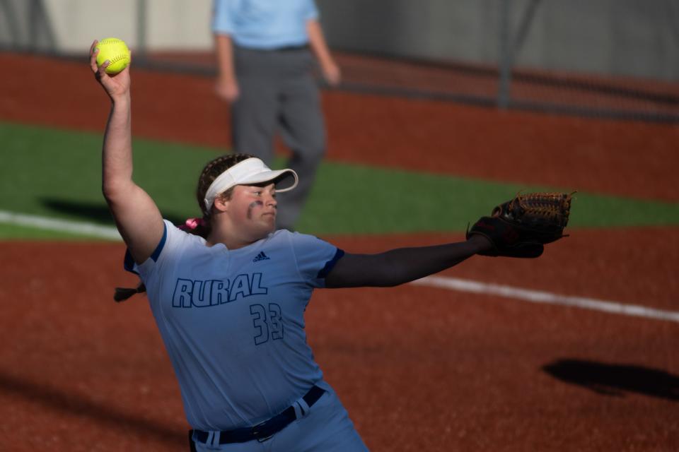 Washburn Rural's Emmerson Cope (33) pitches against Topeka High Friday during the KSHSAA 6A State Championship game.