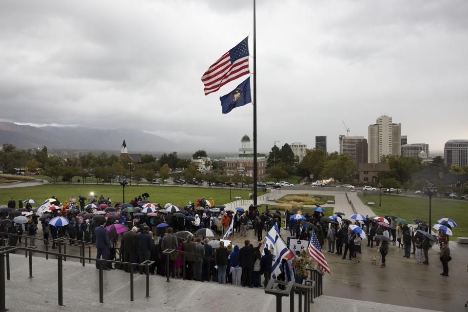 Flags fly at half-staff during the Stand with Israel rally at the Capitol in Salt Lake City on Wednesday, Oct. 11, 2023. Governor Spencer Cox has ordered flags at all state facilities to be lowered to half-staff this week. | Laura Seitz, Deseret News