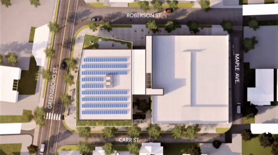 An overhead view shows the new library and town facility along South Greensboro Street with a parking deck behind it. Solar panels are possible on top of the new building.