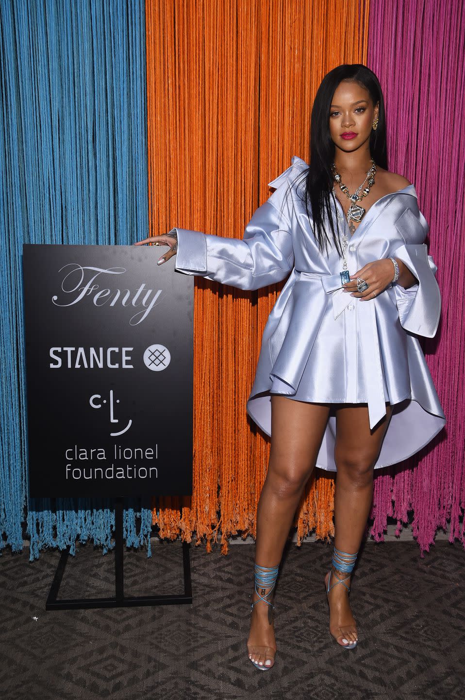 <p>The singer wore an ice blue dress to an event for the Clara Lionel Foundation.</p>