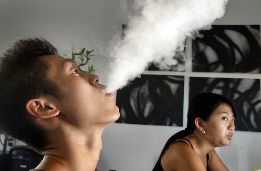 Brian Jung (left), 19, does vaping using an electronic cigarette at Aqua Vape on August 29, 2013 in Temple City. In August, 2013. They range from tobacco to very fruity and come with different levels of nicotine and some don't have any at all. A deep drag of the vapor from the device feels almost like smoking a conventional cigarette.