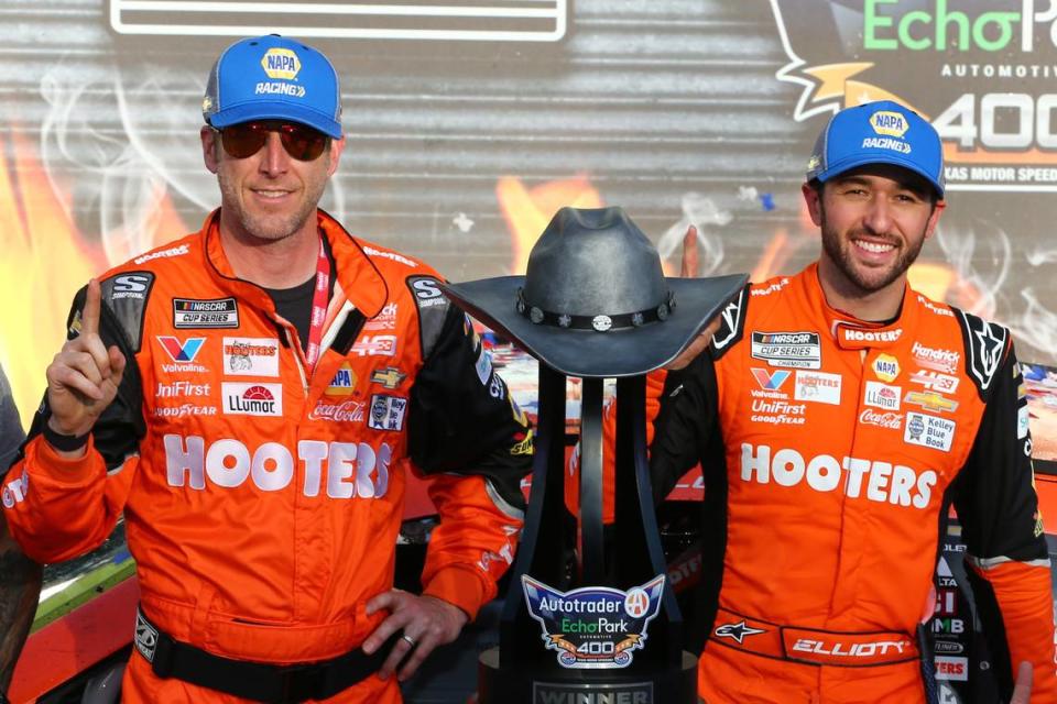 Apr 14, 2024; Fort Worth, Texas, USA; NASCAR Cup Series driver Chase Elliott (9) and crew chief Alan Gustafson celebrate in Victory Lane after winning the NASCAR Cup Series AutoTrader EchoPark 400 at Texas Motor Speedway.