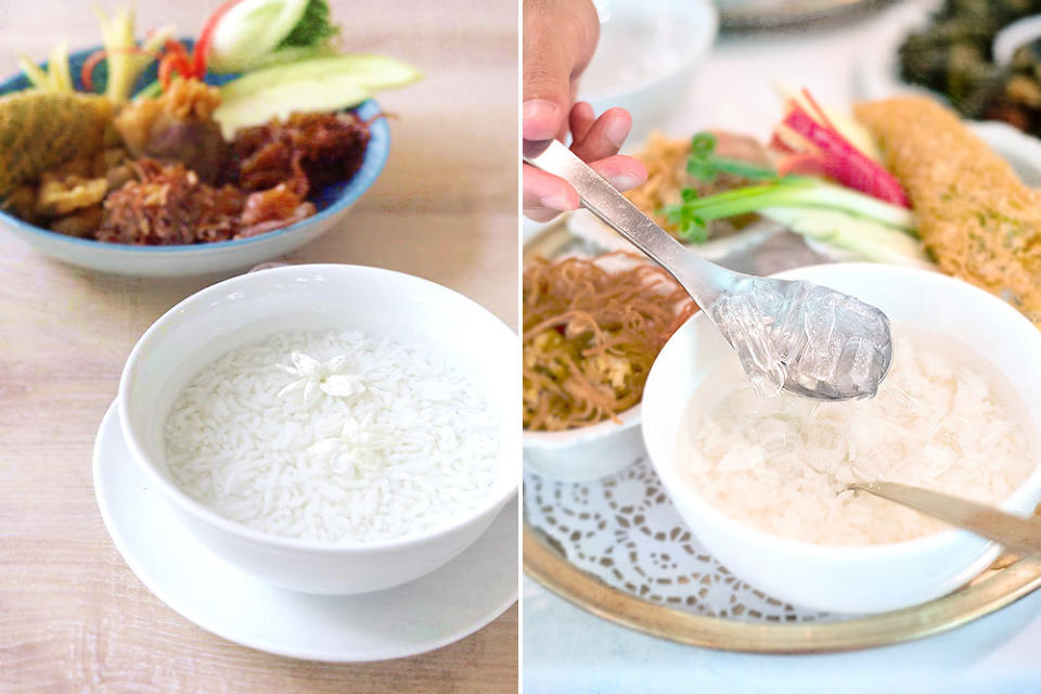 The rice is served in flower-scented water (left) and often ice cubes too (right).