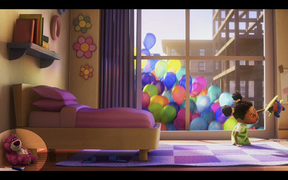 Don't be distracted by the balloons - Lotso appears bottom-left (credit: Pixar)