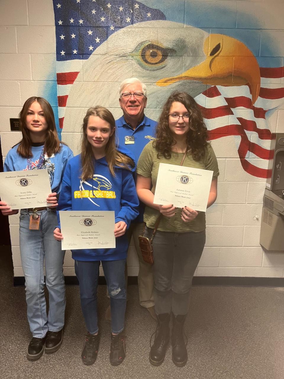 Pictured are Avery Dilks, Elizabeth Holmes, Ned Kline (Kiwanis) and Autumn Ervin.