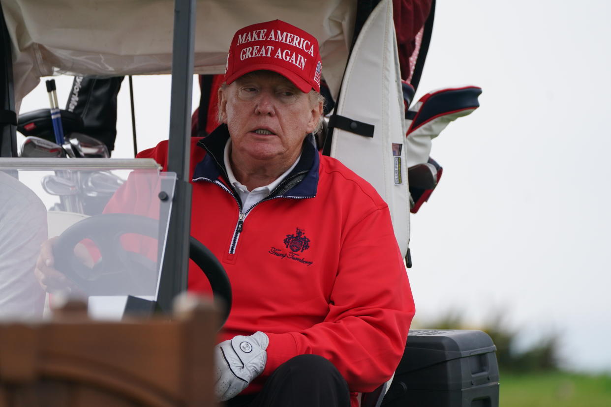 Former US president Donald Trump playing golf at his Trump Turnberry course in South Ayrshire during his visit to the UK. Picture date: Wednesday May 3, 2023. (Photo by Andrew Milligan/PA Images via Getty Images)