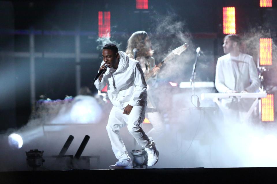 Kendrick Lamar performs at the 56th annual Grammy Awards at Staples Center on Sunday, Jan. 26, 2014, in Los Angeles. (Photo by Matt Sayles/Invision/AP)