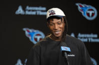 Tennessee Titans wide receiver DeAndre Hopkins responds to questions from reporters at the NFL football team's training facility Tuesday, July 25, 2023, in Nashville, Tenn. (AP Photo/George Walker IV)