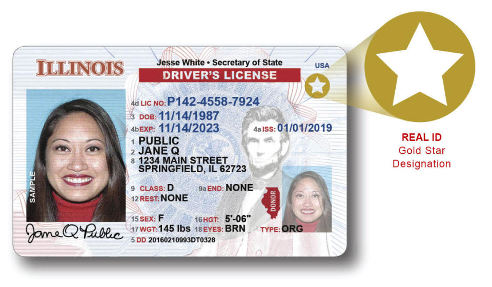 The state-issued REAL ID will include a gold star while traditional Illinois driver's licenses will include the words "federal limits apply"