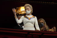 Actress-singer Bette Midler arrives at the 44th Kennedy Center Honors at the John F. Kennedy Center for the Performing Arts in Washington, Sunday, Dec. 5, 2021. The 2021 Kennedy Center honorees include Midler, Motown Records creator Berry Gordy, "Saturday Night Live" mastermind Lorne Michaels, opera singer Justino Diaz and folk music legend Joni Mitchell. (AP Photo/Carolyn Kaster)