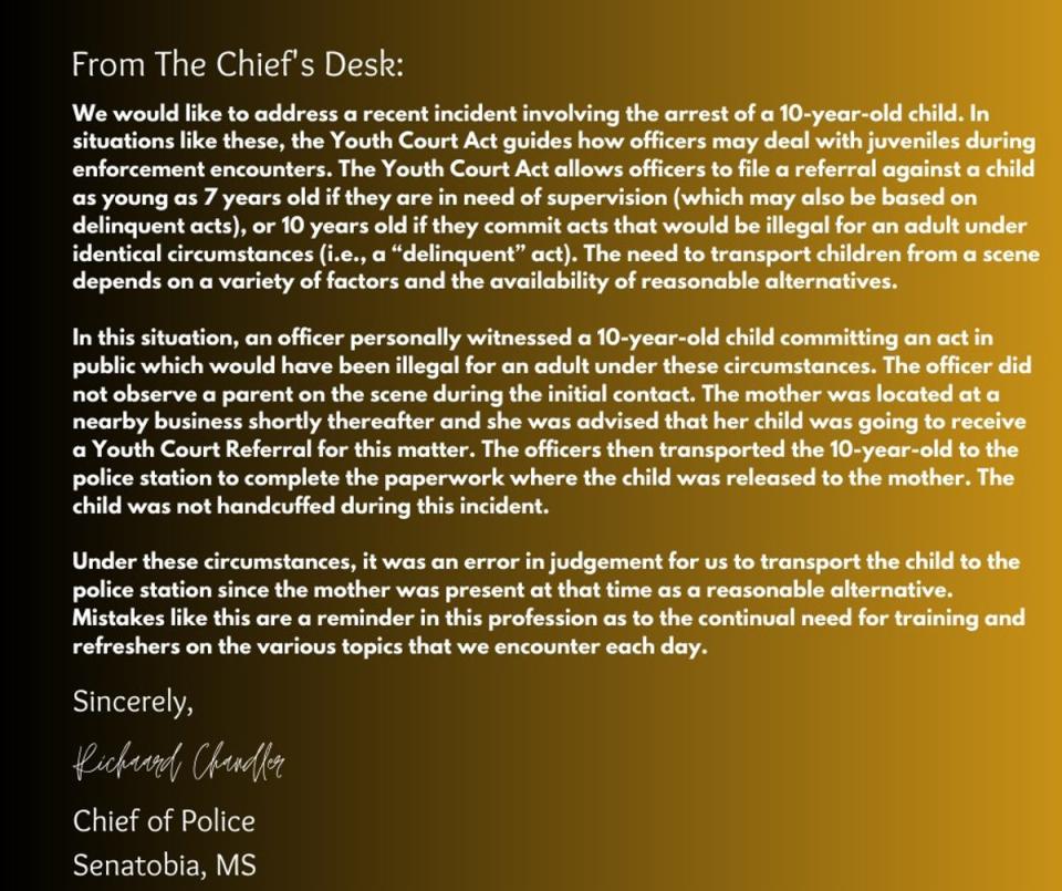 Police Chief Richard Chandler issued a statement saying the officers’ decision to transport the child to jail was a mistake (Senatobia Police Department)
