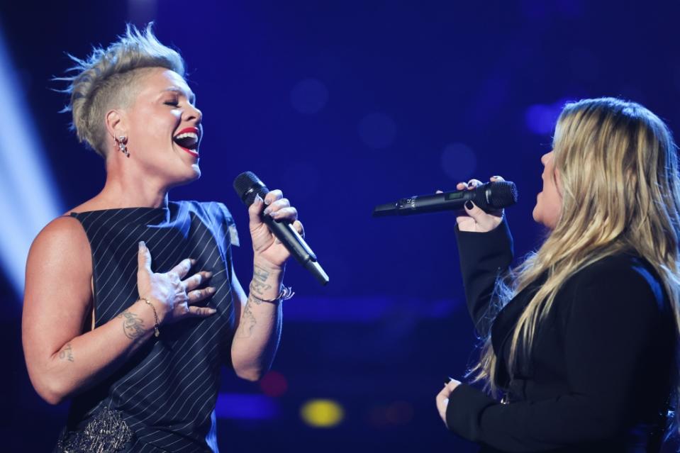 P!nk and Kelly Clarkson perform onstage at the 2023 iHeartRadio Music Awards held at The Dolby Theatre on March 27, 2023 in Los Angeles, California.