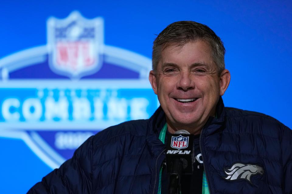 Denver Broncos coach Sean Payton speaks during a press conference at the NFL scouting combine in Indianapolis on Feb. 28.