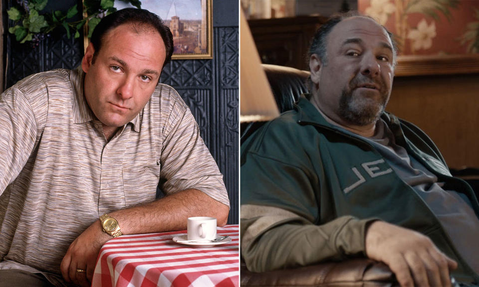 James Gandolfini in S1 of <i>The Sopranos</i> and in his final screen role in 2014’s <i>The Drop</i>.