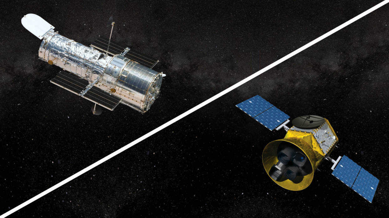  A split screen diagonally. On the top is the Hubble Space Telescope, wrapped in silvery material. On the bottom is TESS, a golden object with blue solar panel wings. 