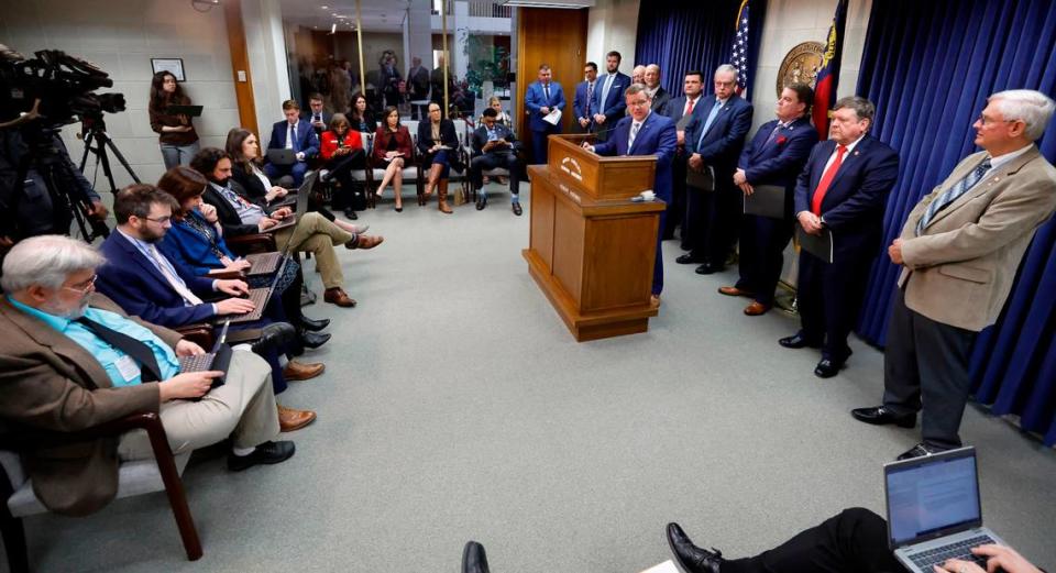 N.C. House Speaker Tim Moore answers a question during a press conference Wednesday, March 29, 2023, where Speaker Moore and the House Republican budget chairs talked about their state budget proposal. Dawn Baumgartner Vaughan, The News & Observer’s Capitol Bureau chief, sits center left.