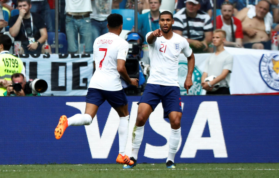 <p>England’s Jesse Lingard celebrates scoring their third goal with Ruben Loftus-Cheek REUTERS/Murad Sezer </p>