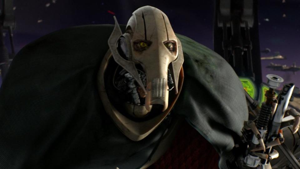 General Grievous holding Anakin Skywalker and Obi-Wan Kenobi's lightsabers