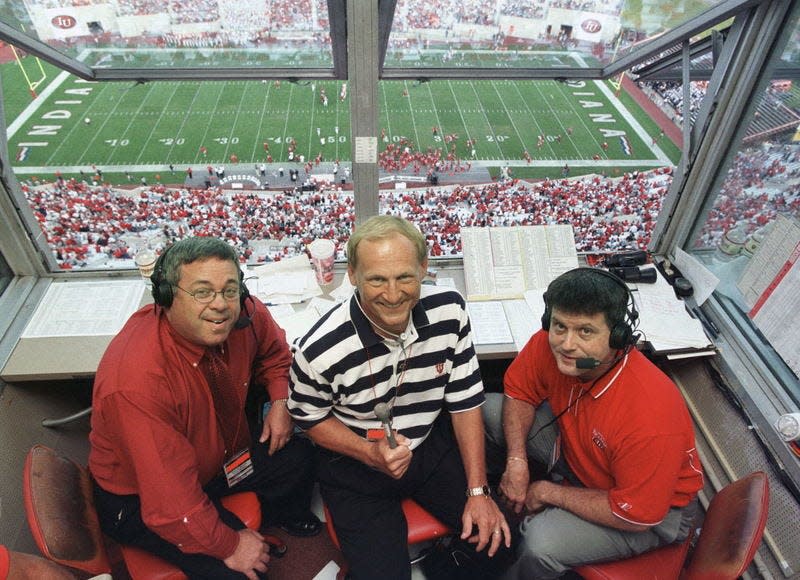 david snodgress | Herald-timesThe IU Radio Network broadcast crew (left to right) Buck Suhr, Don Fischer and Joe Smith work from a booth on the sixth floor of the press box during an Aug. 21,2003, game at Memorial Stadium.