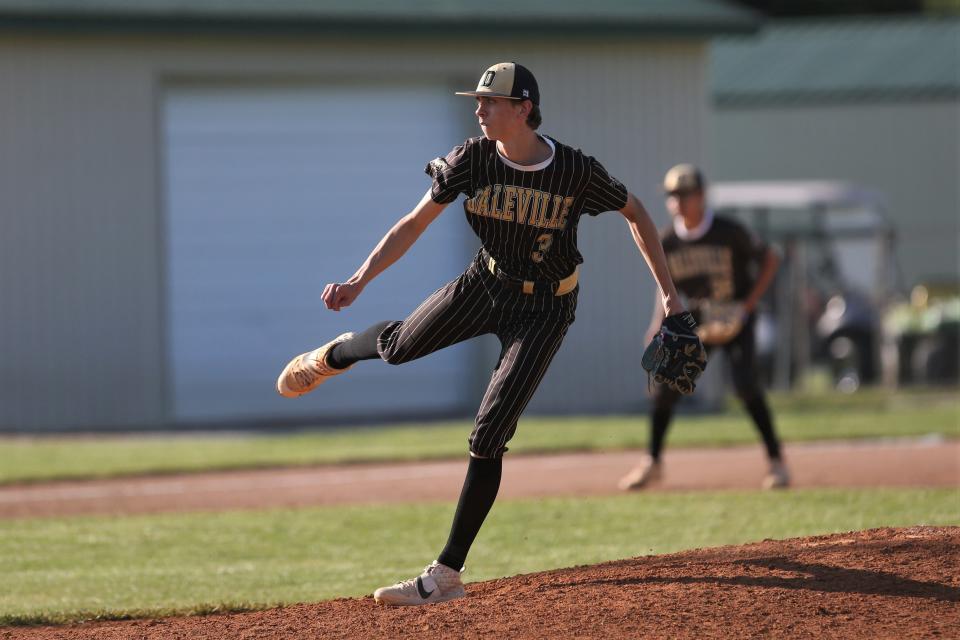 Daleville junior Meryck Adams pitching in his team's 3-0 loss to Wapahani in the first round of the Delaware County baseball tournament at Yorktown High School on Tuesday, May 9, 2023.