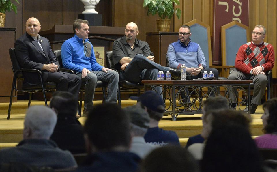 The Jefferson Educational Society regularly hosts politicians and other public figures. On Feb. 16, 2019, legislators listened to citizens' views on legalizing recreational marijuana during a tour led by John Fetterman, then the lieutenant governor of Pennsylvania, center, at the society. With him on stage were, from left: state Rep. Bob Merski, of Erie, D-2nd Dist.; state Sen. Dan McLaughlin, of Millcreek Township, R-49th Dist.; Fetterman, who is now a U.S. senator; state Rep. Ryan Bizzarro, of Millcreek Township, D-3rd Dist., and state Rep. Pat Harkins, of Erie, D-1st Dist.