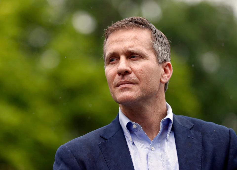 Eric Greitens looks on before speaking at an event near the capitol in Jefferson City, Mo. on May 17, 2018.