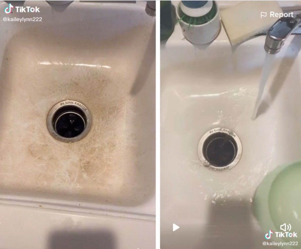 sink before and after clean with Bar Keepers Friend 