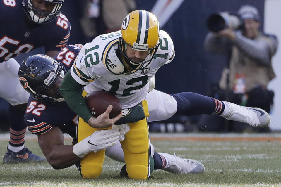 Chicago Bears linebacker Khalil Mack (52) sacks Green Bay Packers quarterback Aaron Rodgers (12) during the first half of an NFL football game Sunday, Dec. 16, 2018, in Chicago. (AP Photo/Nam Y. Huh)