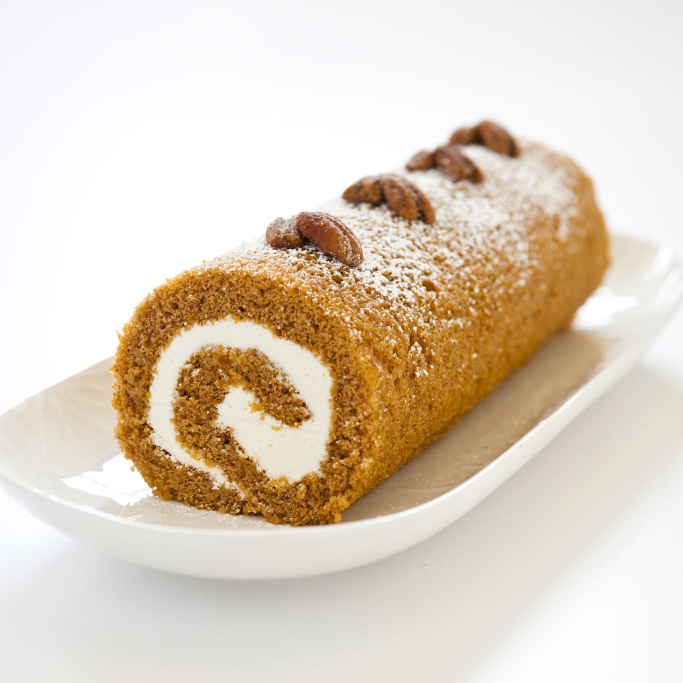 This undated photo provided by America's Test Kitchen in October 2018 shows pumpkin roll in Brookline, Mass. This recipe appears in the cookbook “Perfect Cake.” (Joe Keller/America's Test Kitchen via AP)