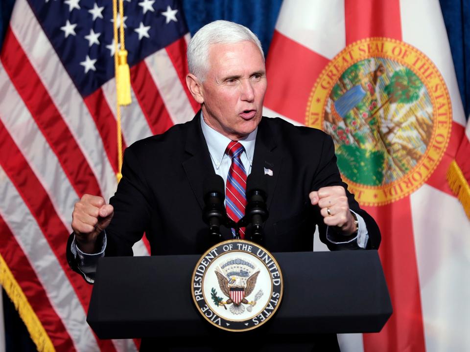 Vice President Mike Pence delivers remarks during a campaign event Thursday, Jan. 16, 2020, in Kissimmee, Fla. (AP Photo/John Raoux)