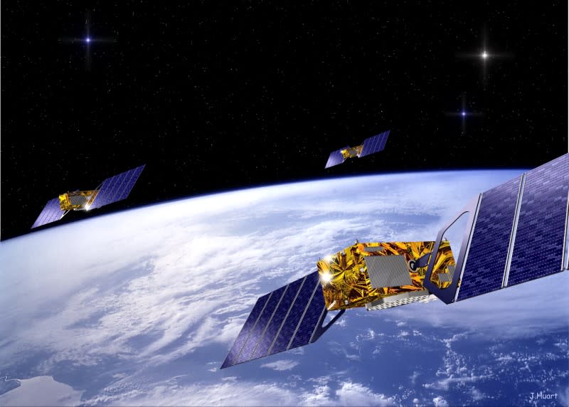 Three of the 24 satellites which make us the EU’s Galileo navigation system (Reuters)