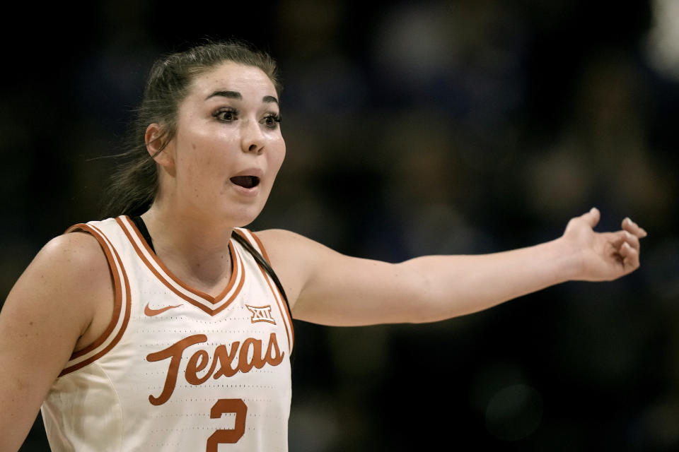 Texas guard Shaylee Gonzales talks to a teammate during an NCAA college basketball game against Kansas State in the the Big 12 Conference tournament Friday, March 10, 2023, in Kansas City, Mo. (AP Photo/Charlie Riedel)