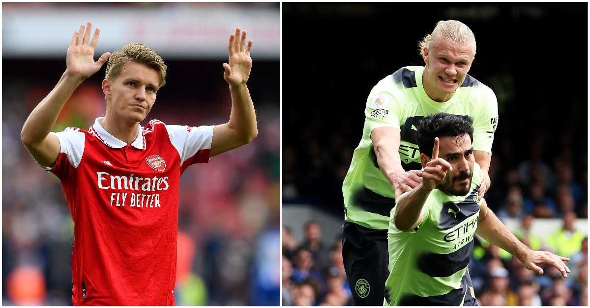 Arsenal captain Martin Odegaard apologises to fans after the Brighton loss, while Man City's Erling Haaland and Ilkay Gundogan celebrate at Everton. (PHOTOS: Getty Images)