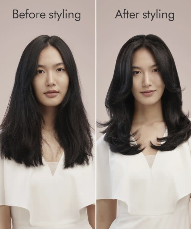 before and after showing straight frizzy hair before styling to sleek gently curled waves after styling