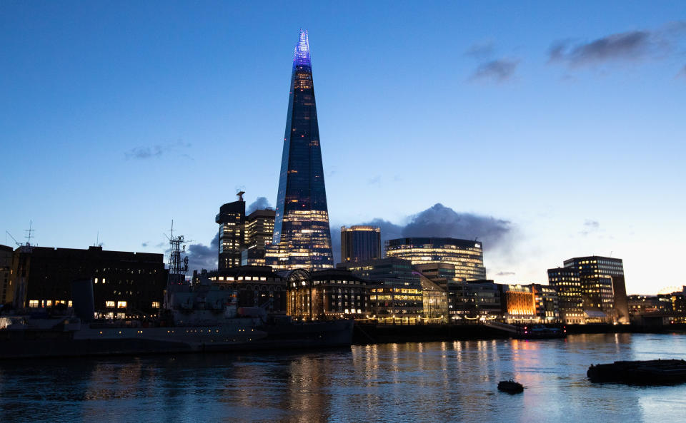 A quiet evening view of the Shard and skyline illuminated from Tower Pier in London, England. Photo: Jo Hale/Getty Images