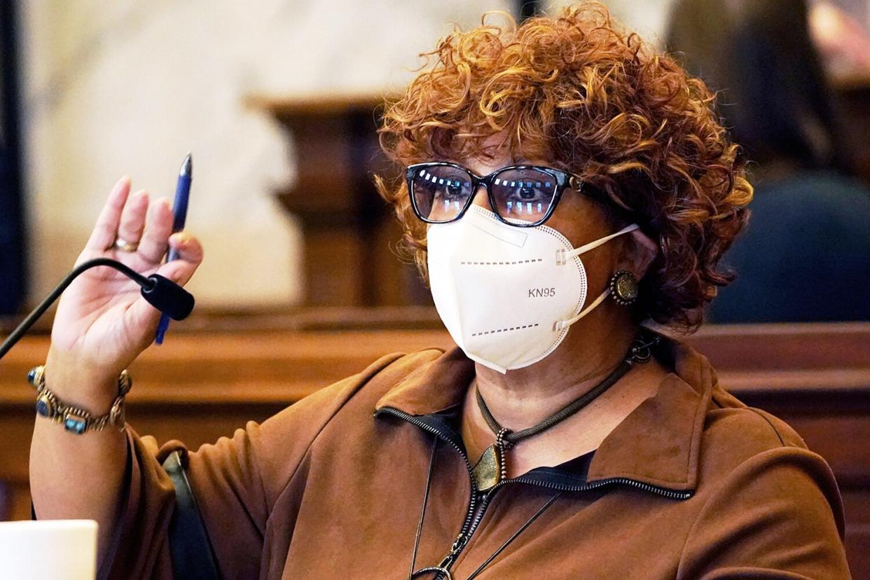 Sen. Barbara Blackmon, D-Canton, speaks at the well in the Senate Chamber at the Mississippi State Capitol in Jackson, Miss., . Blackmon was among the Black lawmakers who walked out of the Senate Chamber in protest Friday, Jan. 21, 2022, and withheld their votes as the body passed a bill that would ban schools from teaching critical race theory Critical Race Theory Mississippi, Jackson, United States - 13 Jan 2022