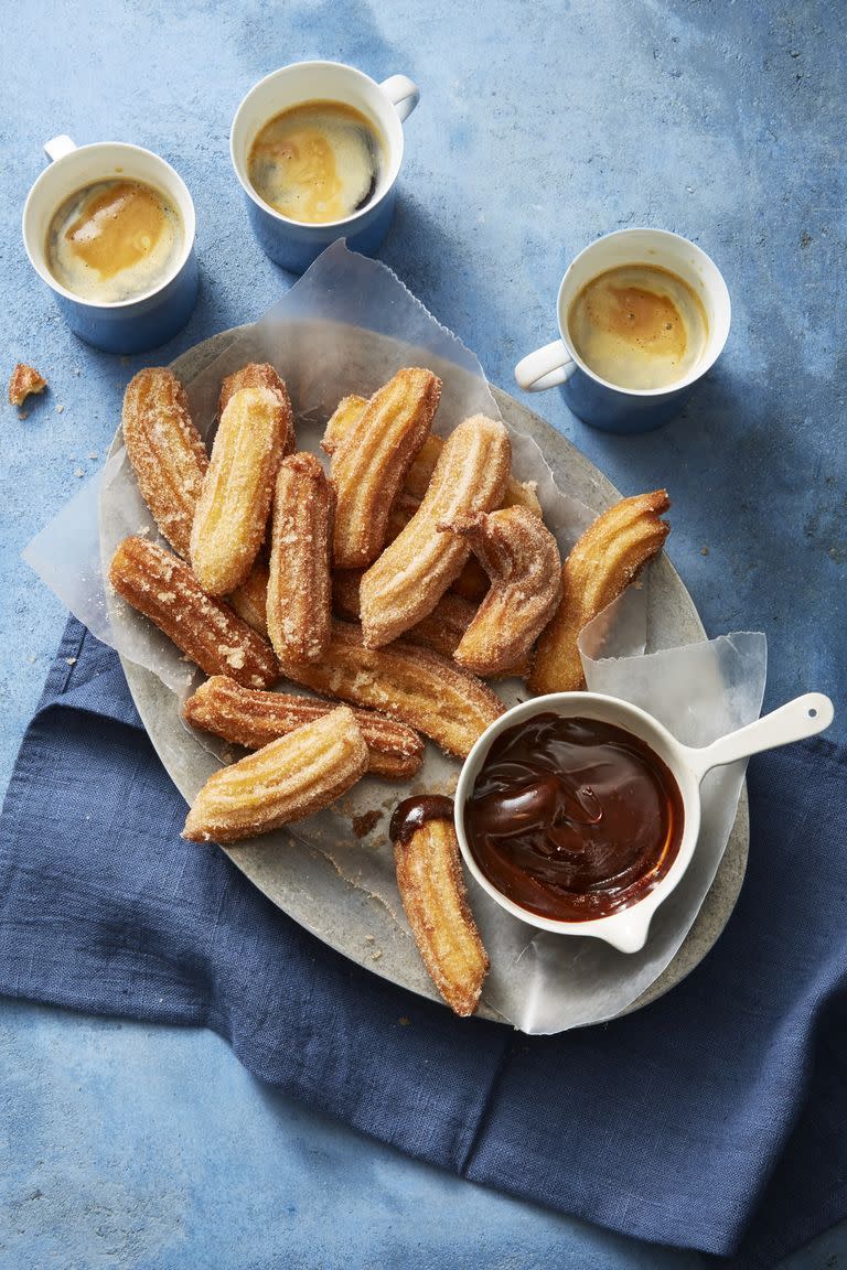 33) Churros with Chocolate-Caramel Sauce