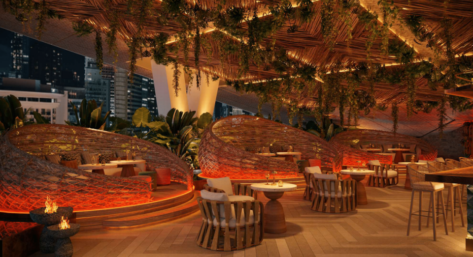 A rendering of the tables at Villa One Tequila Gardens, coming to Miami Worldcenter in 2025.