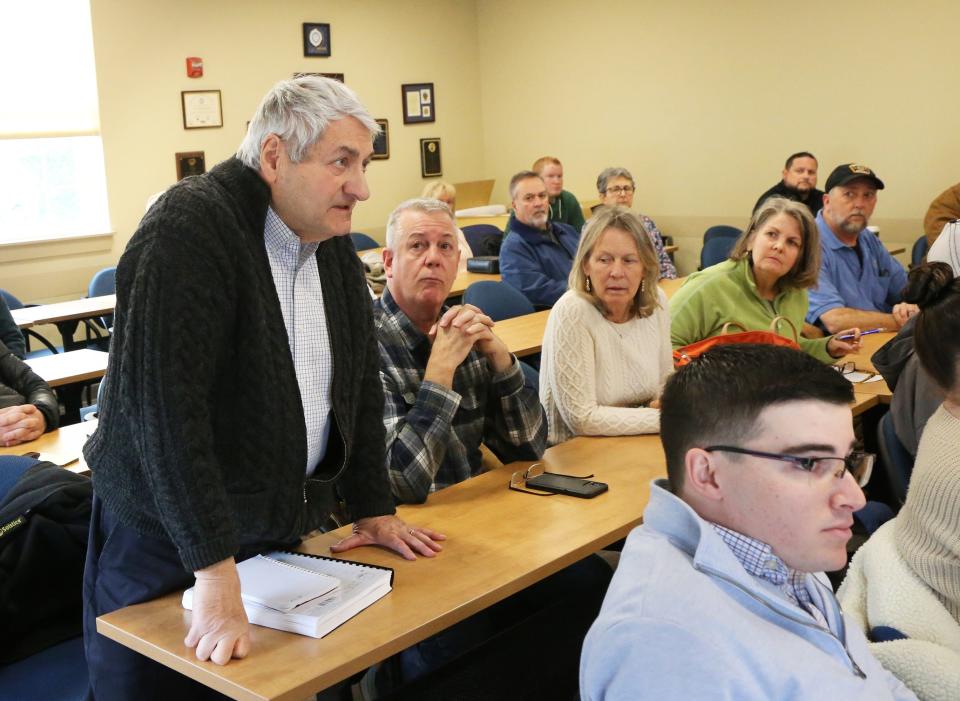 Structural engineer Fred Emanuel pleads to members of the York Selectboard Monday, March 25, 2024, urging them not to not tear down the Pizza by Paras building.