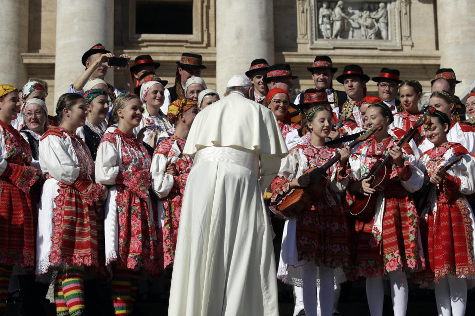 Pope Francis meets a group of pilgrims from Croatia during his weekly general audience in St. Peter's Square at the Vatican, Wednesday, Oct. 9, 2019. (AP Photo/Alessandra Tarantino)
