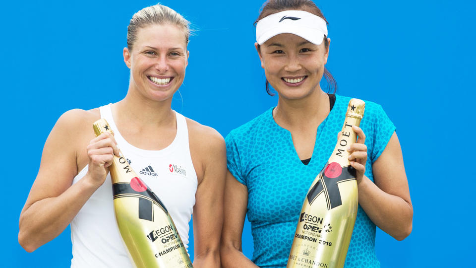 Andrea Hlavackova and Peng Shuai, pictured here after winning the WTA Aegon Open in 2016.